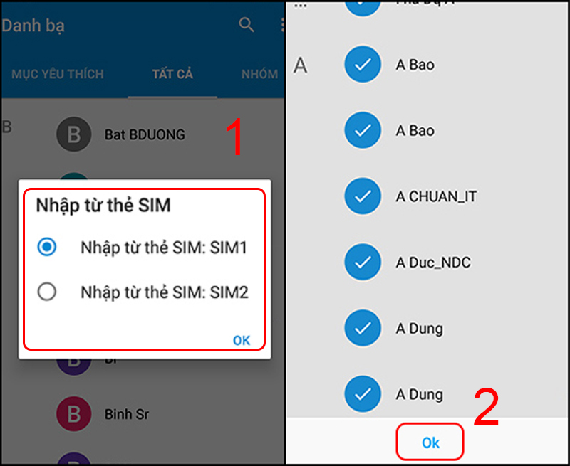 Chọn thẻ SIM và số danh bạ muốn chuyển